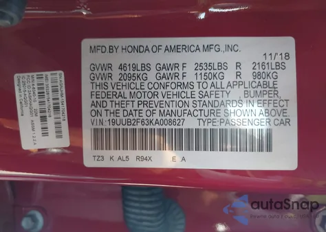2019 Acura Tlx Tech A-Spec Pkgs from USA, damaged, VIN 19UUB2F63KA008627